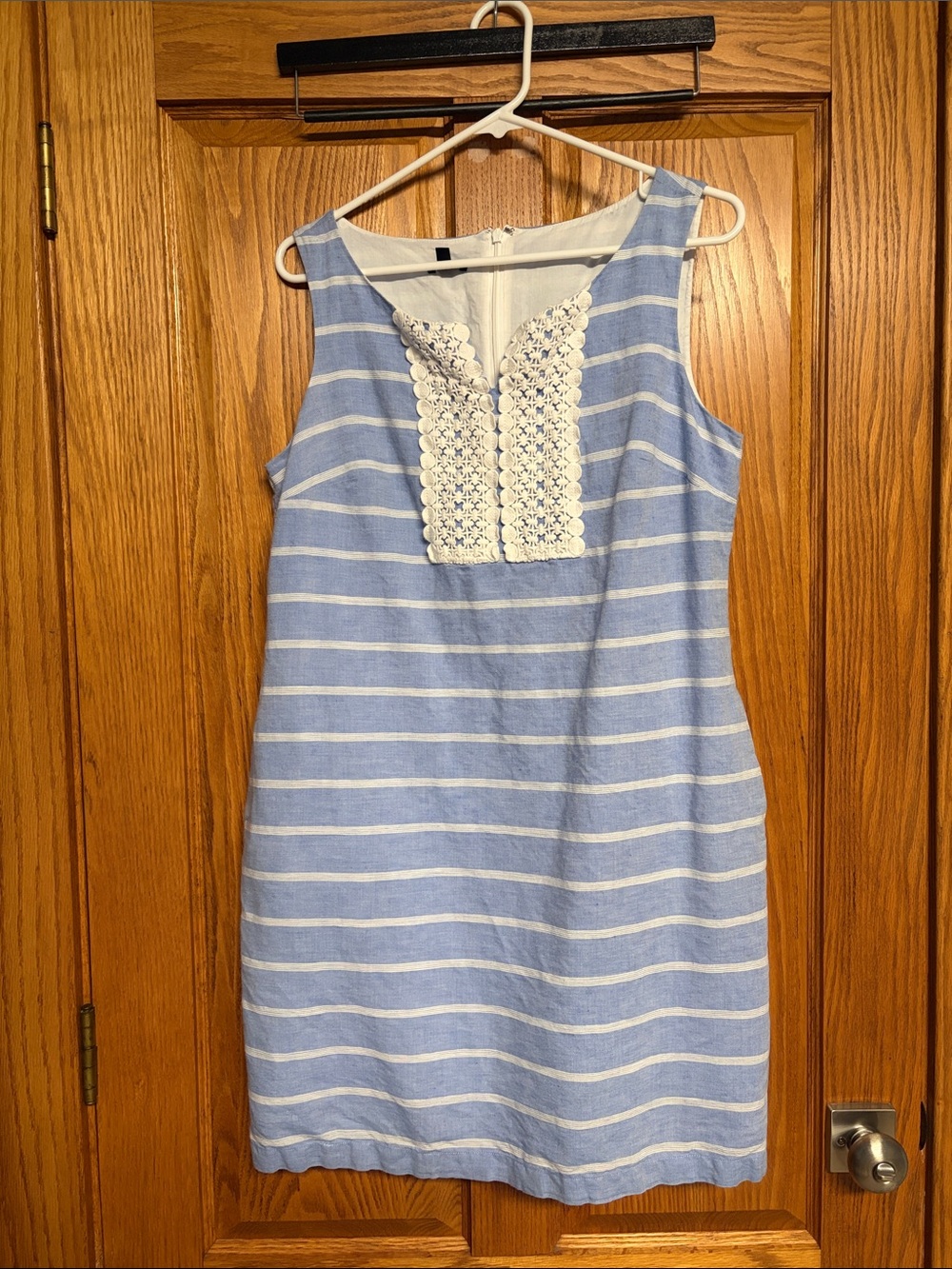Talbots Light Blue and White Striped Crochet-Front Mini Dress